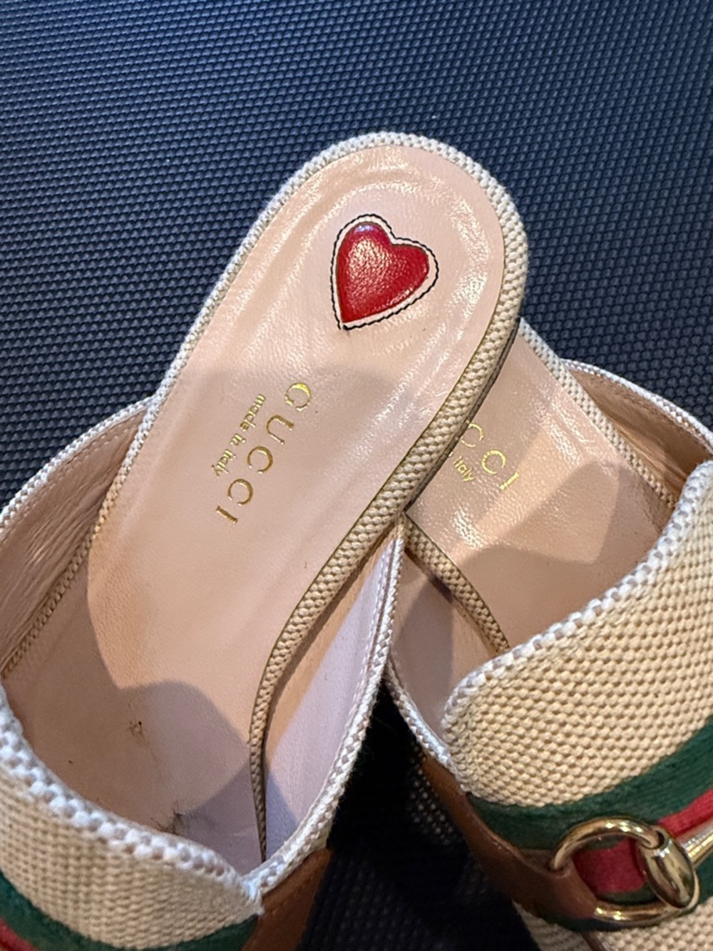 Women’s Beige Slip-On Loafers with Green & Red Web Accent - Picture 2 of 4